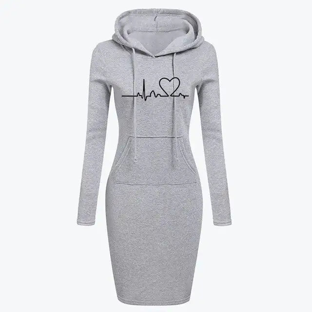 A long-sleeved gray hoodie dress with a hood and a heart graphic on the front.