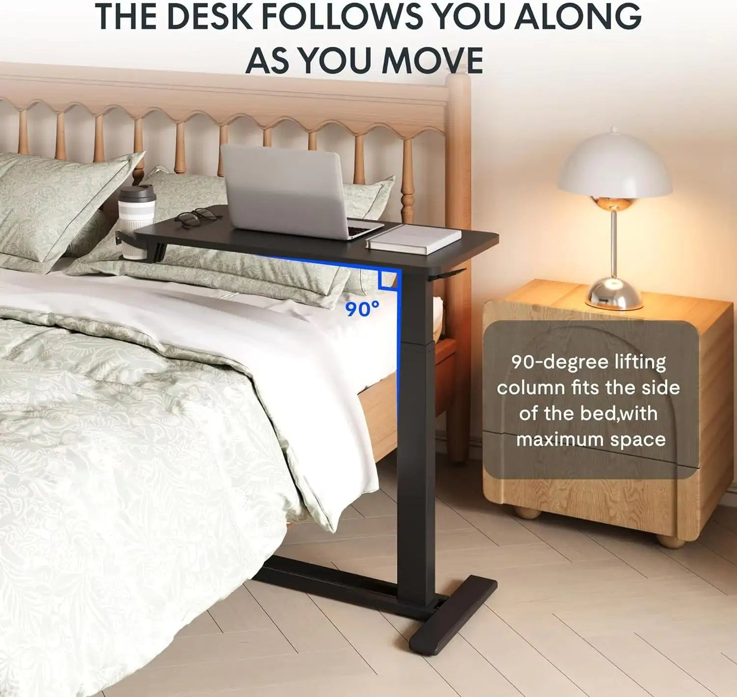 Standing Scroll Table With Hidden Wheels Side Table Height-adjustable Bed Table WEM Support (www.WEM.support)