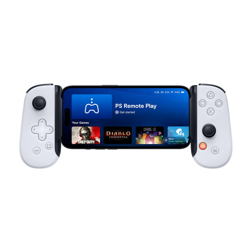 A mobile gaming controller with a Lightning connector, featuring a PlayStation interface on the screen.