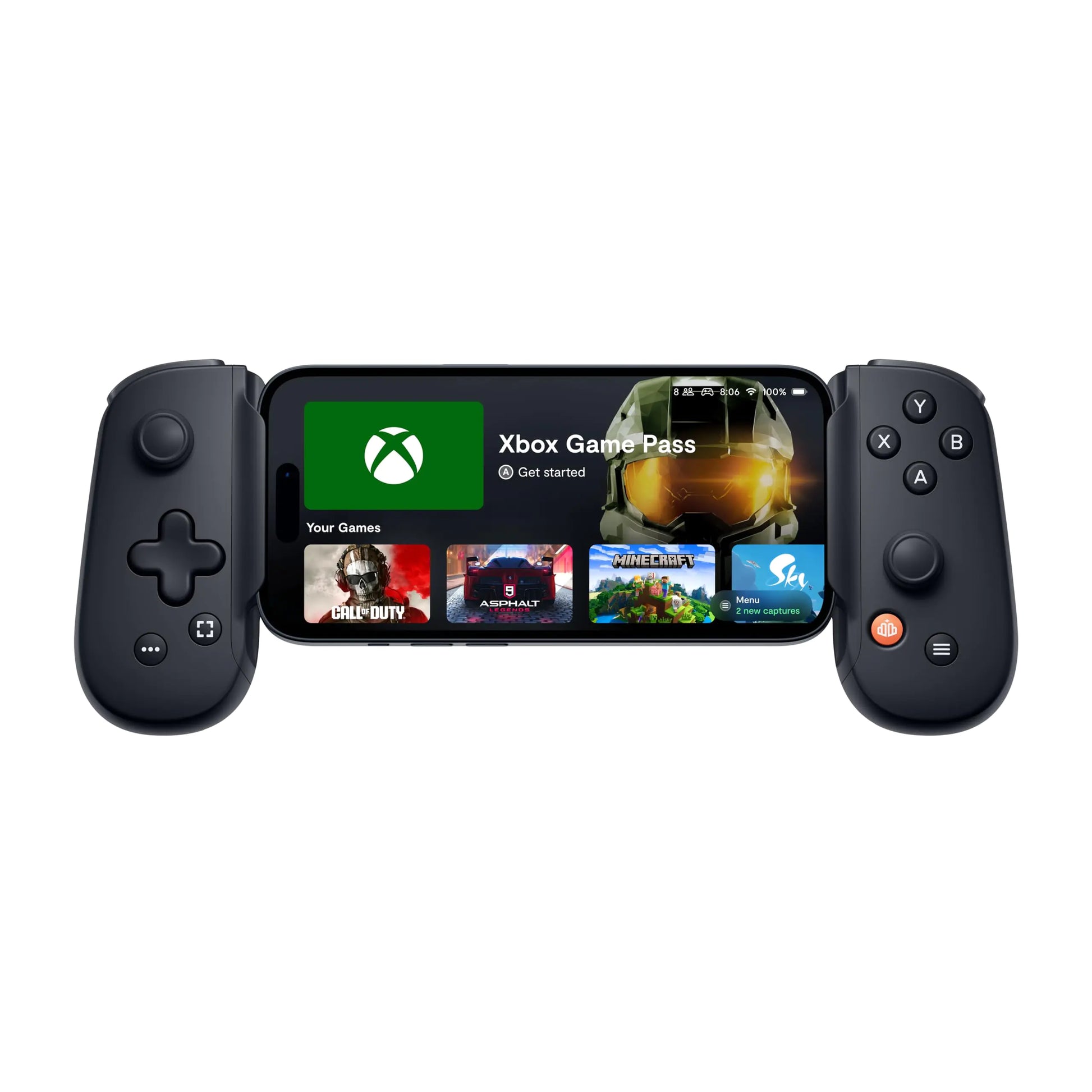 A mobile gaming controller with a Lightning connector, featuring a PlayStation interface on the screen.