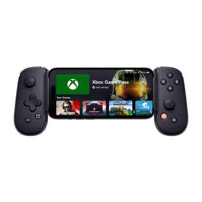 A mobile gaming controller with a Lightning connector, featuring a PlayStation interface on the screen.