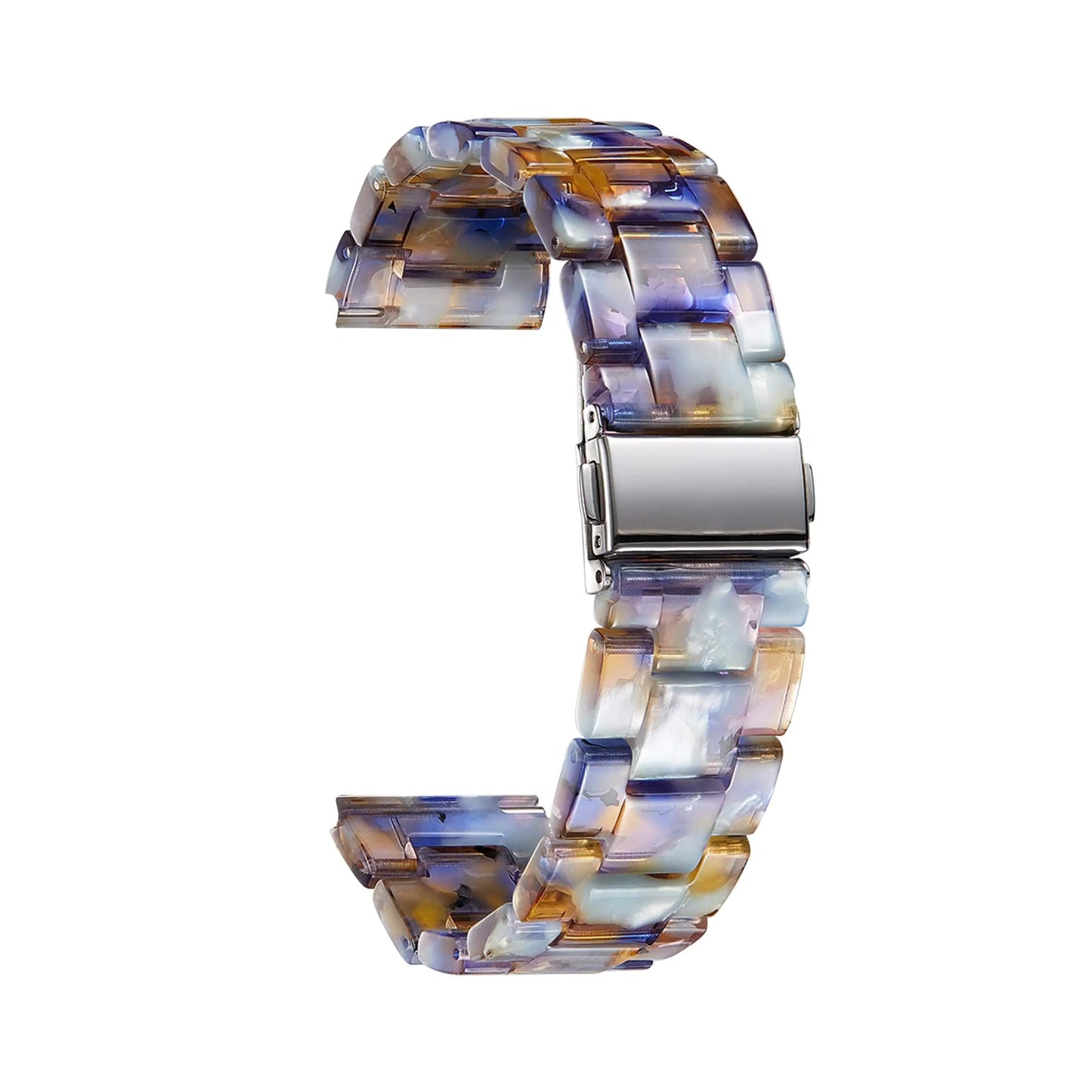 A multicolored resin watch band designed for use with smart watches, showing the links and clasp.