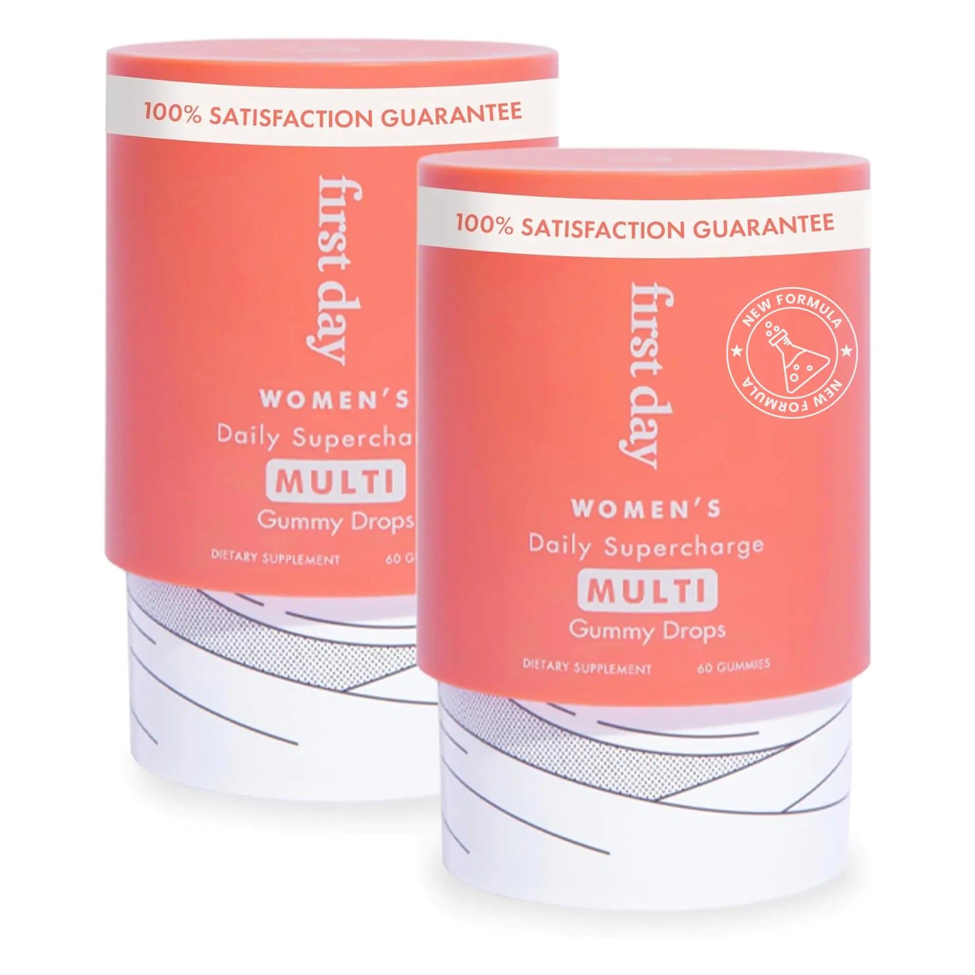 Two containers of 'first day' Women's Daily Supercharge Multi Gummy Drops on a white background.