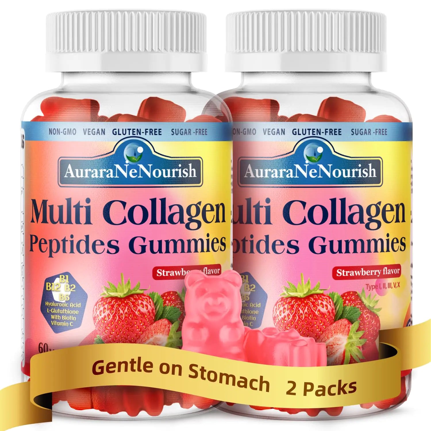 Two bottles of Multi Collagen Peptides Gummies with strawberry flavor, highlighting the product's benefits for skin, hair, and joints. The bottles are marked as non-GMO, vegan, gluten-free, and sugar-free.