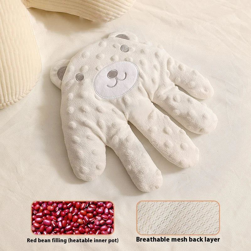 A baby automatic pat soothing device shaped like a hand with a breathable mesh back layer and red bean filling. The image shows the product in a neutral color with close-up views of the interior layers.
