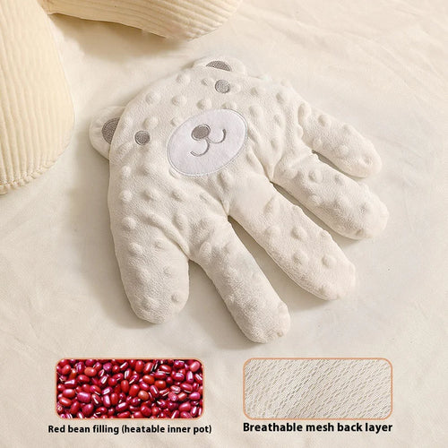 A baby automatic pat soothing device shaped like a hand with a breathable mesh back layer and red bean filling. The image shows the product in a neutral color with close-up views of the interior layers.