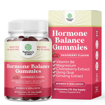 Nature's Craft Hormone Balance Gummies packaging and bottle, with raspberry flavor, supporting women's wellness, shown with dietary supplement information.