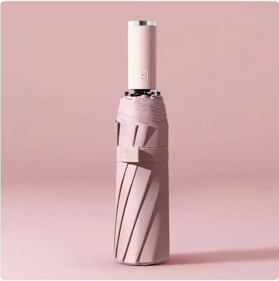 A black folding automatic umbrella with a metallic handle, shown in a closed state.