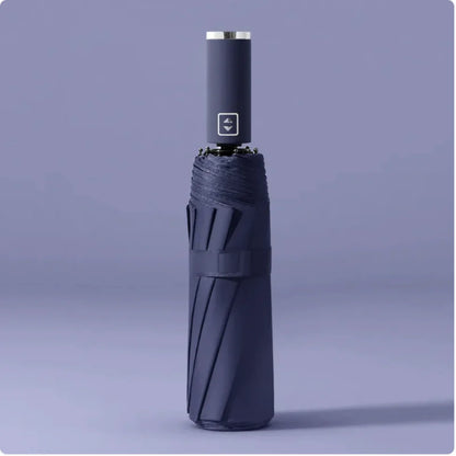 A black folding automatic umbrella with a metallic handle, shown in a closed state.