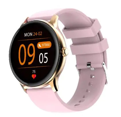 A black smartwatch with a silicone band and a digital display showing health metrics such as blood pressure and heart rate.
