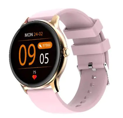 A black smartwatch with a silicone band and a digital display showing health metrics such as blood pressure and heart rate.
