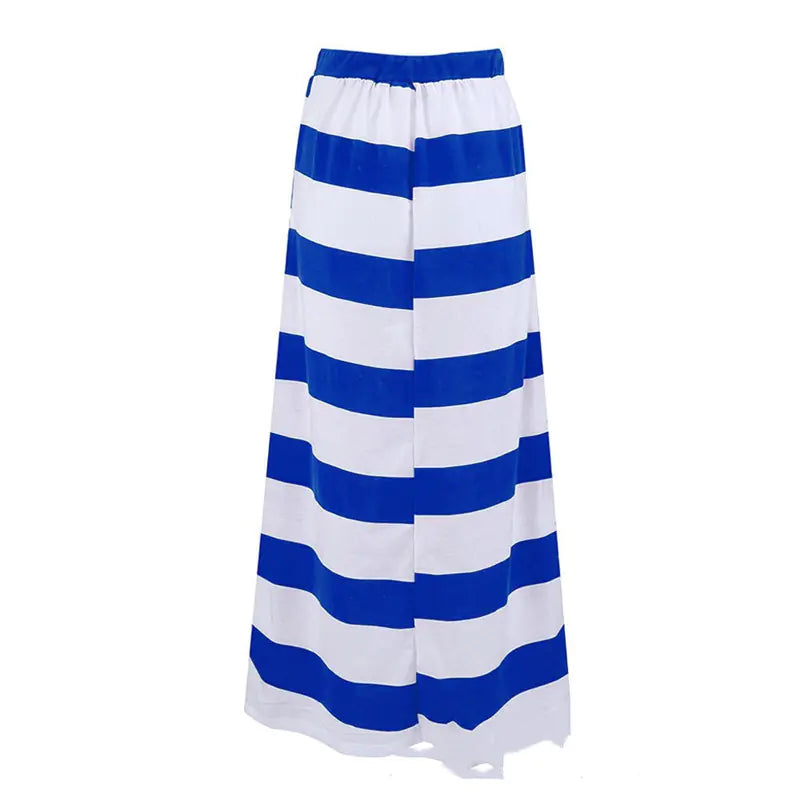 A long blue and white striped knitted skirt with an elastic waistband, designed for casual wear.