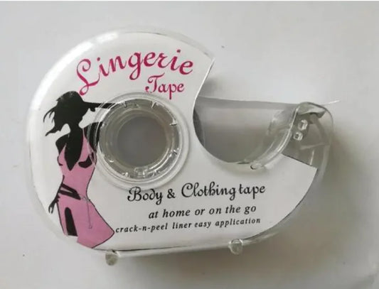 A roll of adhesive body tape with a dispenser, labeled 'Lingerie Tape' and 'Body & Clothing tape' on the packaging, indicating its use for securing clothing.