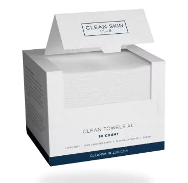 A box of Clean Skin Club clean towels XL, with 50 count, predominantly white with blue text and accents.