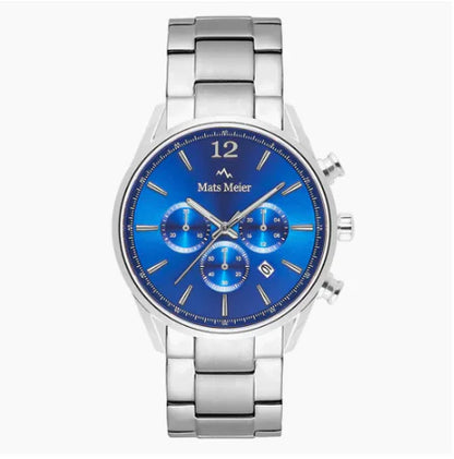 A silver-colored Business Casual Quartz Waterproof Watch with a blue dial and chronograph features.