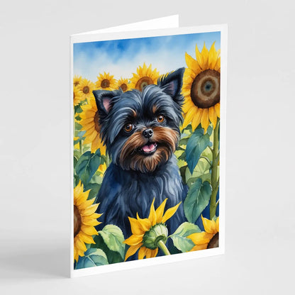 Affenpinscher in Sunflowers Greeting Cards Pack of 8 WEM Support (www.WEM.support)