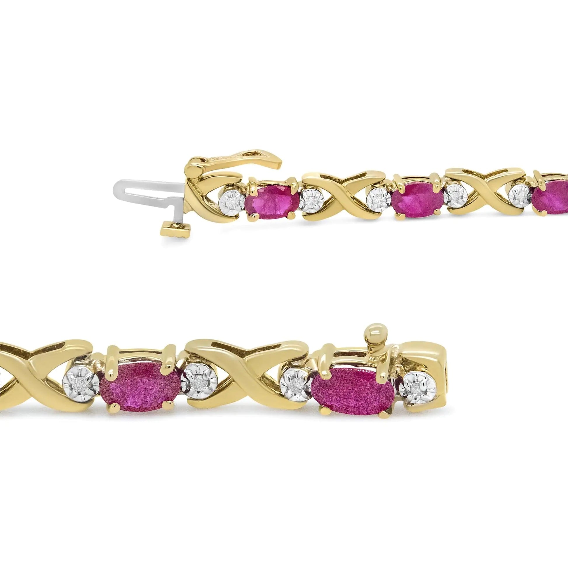 14K Yellow Gold 1/4 Cttw Diamond and Oval Red Ruby Alternating X Link Bracelet (I-J Color, I3 Clarity) WEM Support (www.WEM.support)
