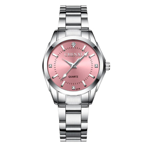 A CHENXI women's quartz watch with a pink dial and a silver stainless steel band.