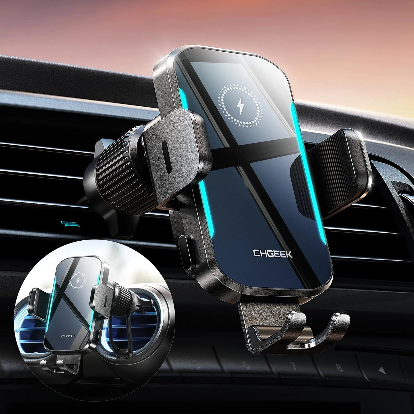 CHGeek Wireless Car Charger, 15W Fast Charging Car Phone Holder Charger Auto-Clamping Air Vent Phone Mount Car Charger with Blue LED Backlit for iPhone 16 15 14 13 12, Samsung S24 S23 S22, etc HejK.com Marketplace LLC