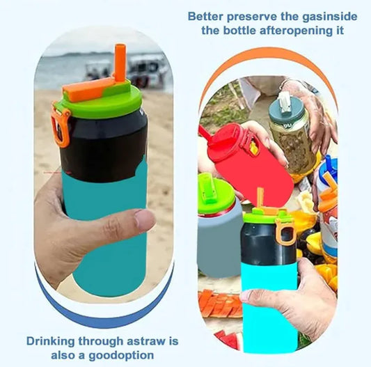 The image shows a silicone plastic straw in use, primarily in a blue bottle, with an orange cap, and additional views demonstrating its flexibility and use in different settings.