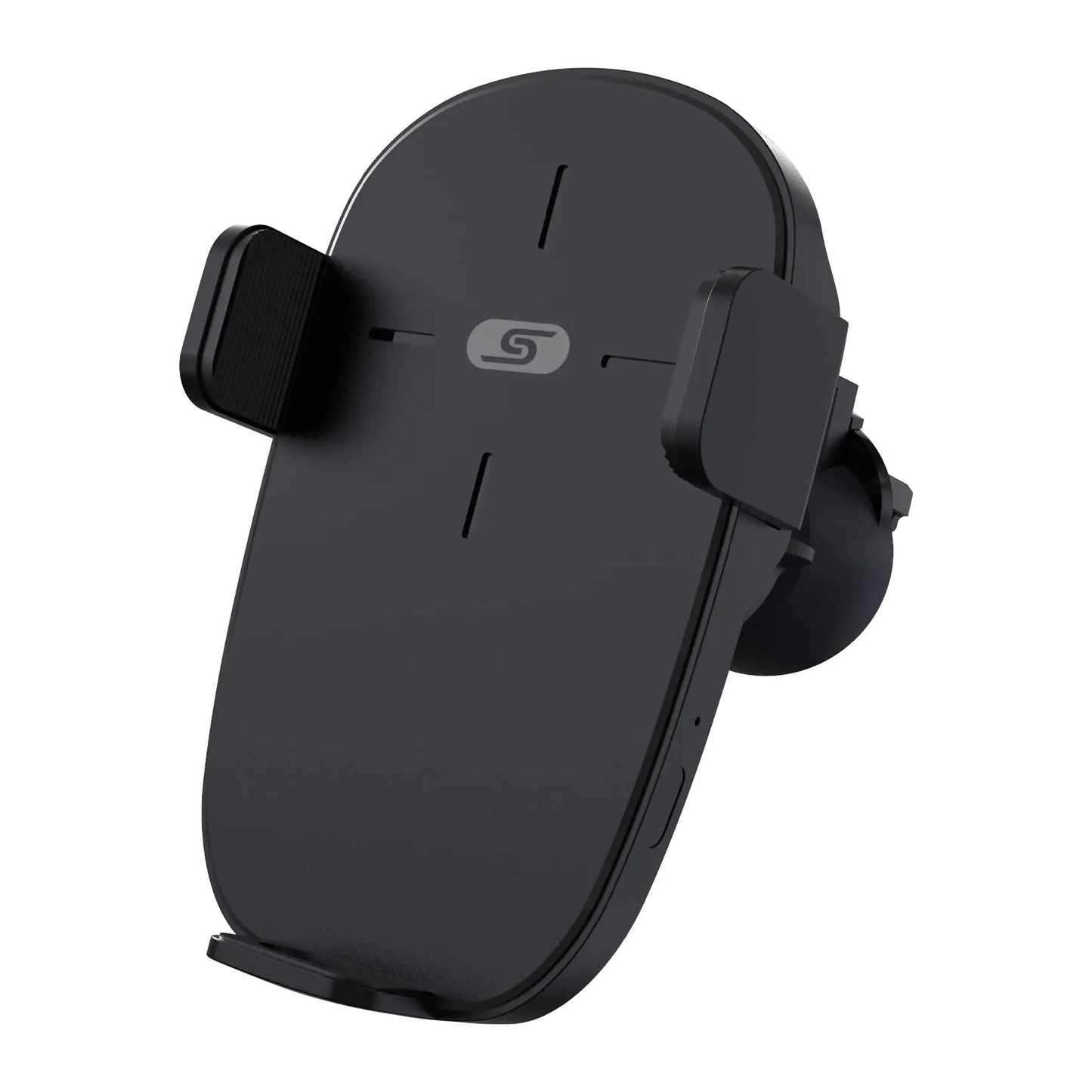 Black car phone holder with a brand logo on a white background
