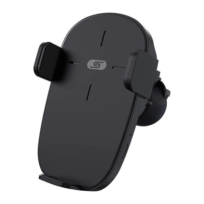 Black car phone holder with a brand logo on a white background