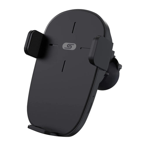 Black car phone holder with a brand logo on a white background