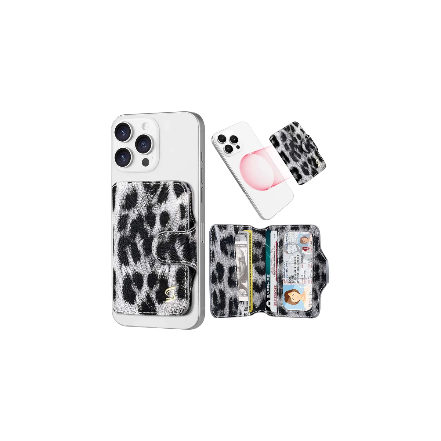 Phone case with leopard print design and card slots on a white background