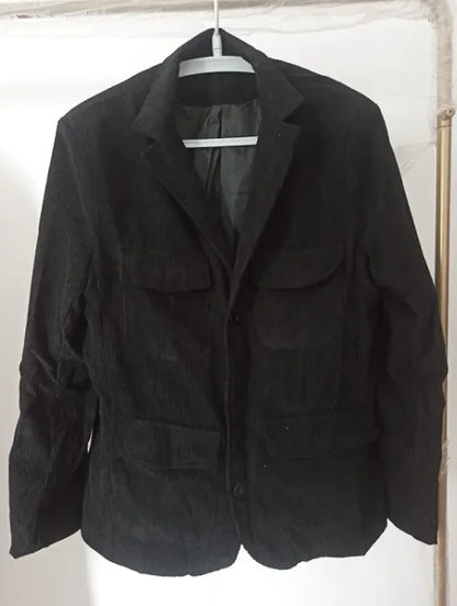 A black men's casual jacket with a collar, buttons, and multiple pockets, displayed against a white background.