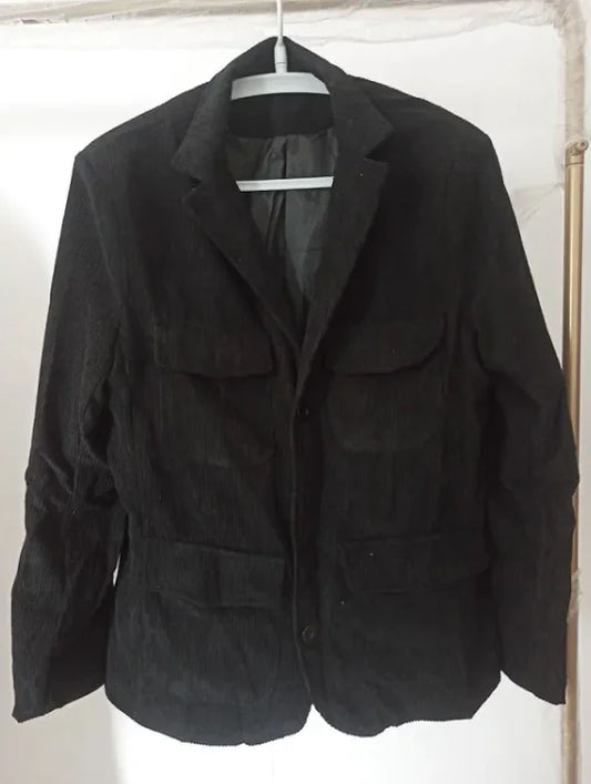 A black men's casual jacket with a collar, buttons, and multiple pockets, displayed against a white background.