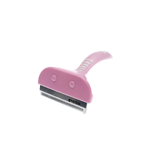 A pink cat grooming brush and de-shedding tool with a metal blade and plastic handle.