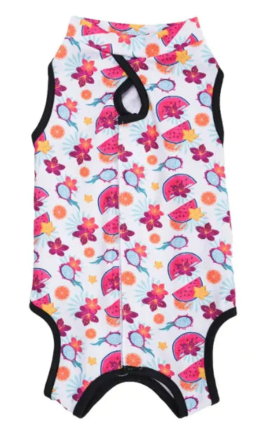 A white cat sterilization garment with colorful playful print, designed to prevent cats from licking or scratching post-surgery.