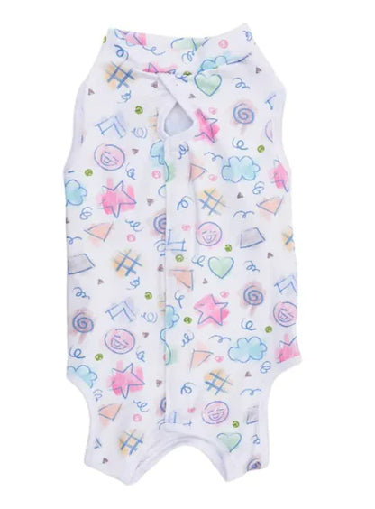 A white cat sterilization garment with colorful playful print, designed to prevent cats from licking or scratching post-surgery.