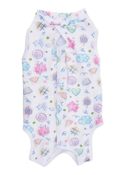 A white cat sterilization garment with colorful playful print, designed to prevent cats from licking or scratching post-surgery.