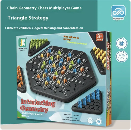 Box packaging for Chain Chess Puzzle Game featuring the game board and pieces with vibrant colors on a blue background. The box highlights that the game is designed to develop logical thinking and concentration.
