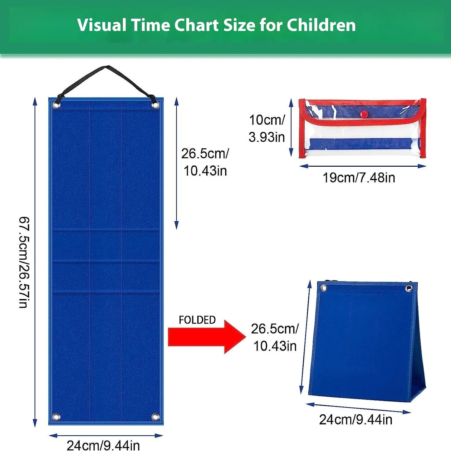A visual time chart for children designed as a blue cloth with a pocket, dimensions shown in centimeters.