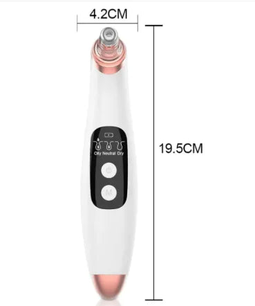 A USB electric vacuum suction device for skin cleansing, showing dimensions and a digital display.