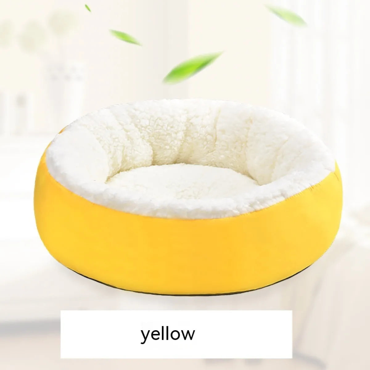 A round yellow pet bed made of lamb wool, designed for cats to provide warmth and comfort.