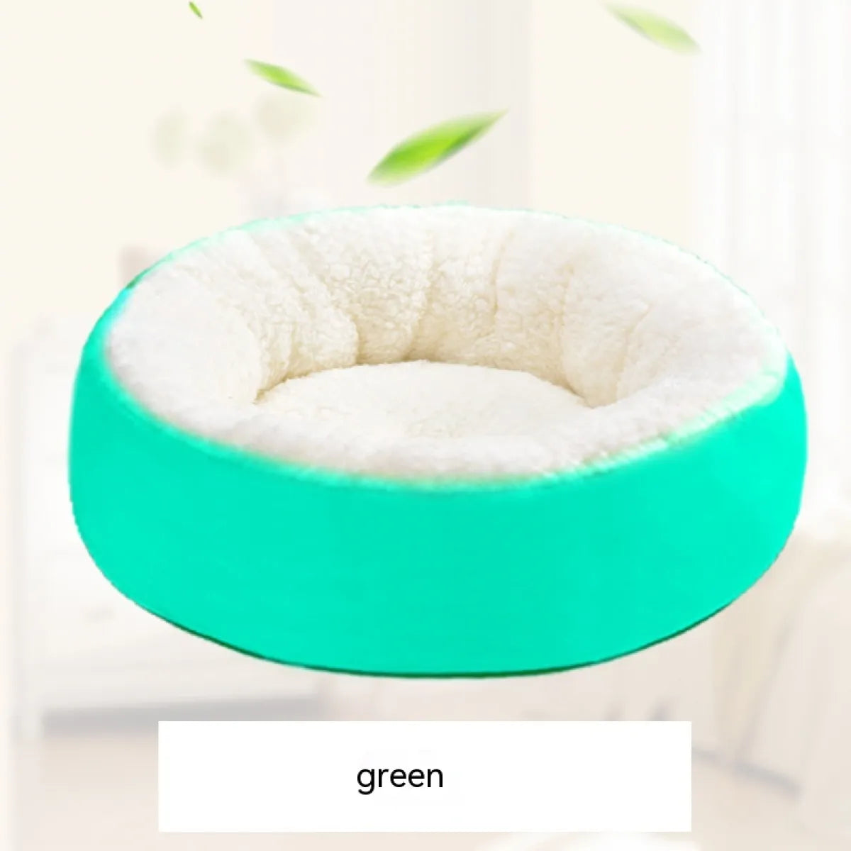 A round yellow pet bed made of lamb wool, designed for cats to provide warmth and comfort.