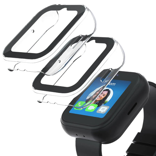 Two clear screen protectors are shown, one is applied on the watch screen and the other is shown separately, indicating it's detachable. The watch is black with a visible screen displaying an app interface.