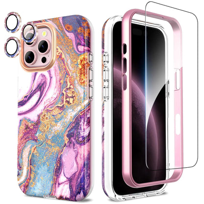 A white and purple marble patterned phone case for iPhone 16 Pro Max, including a camera lens protector and a screen protector.