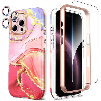 A white and purple marble patterned phone case for iPhone 16 Pro Max, including a camera lens protector and a screen protector.