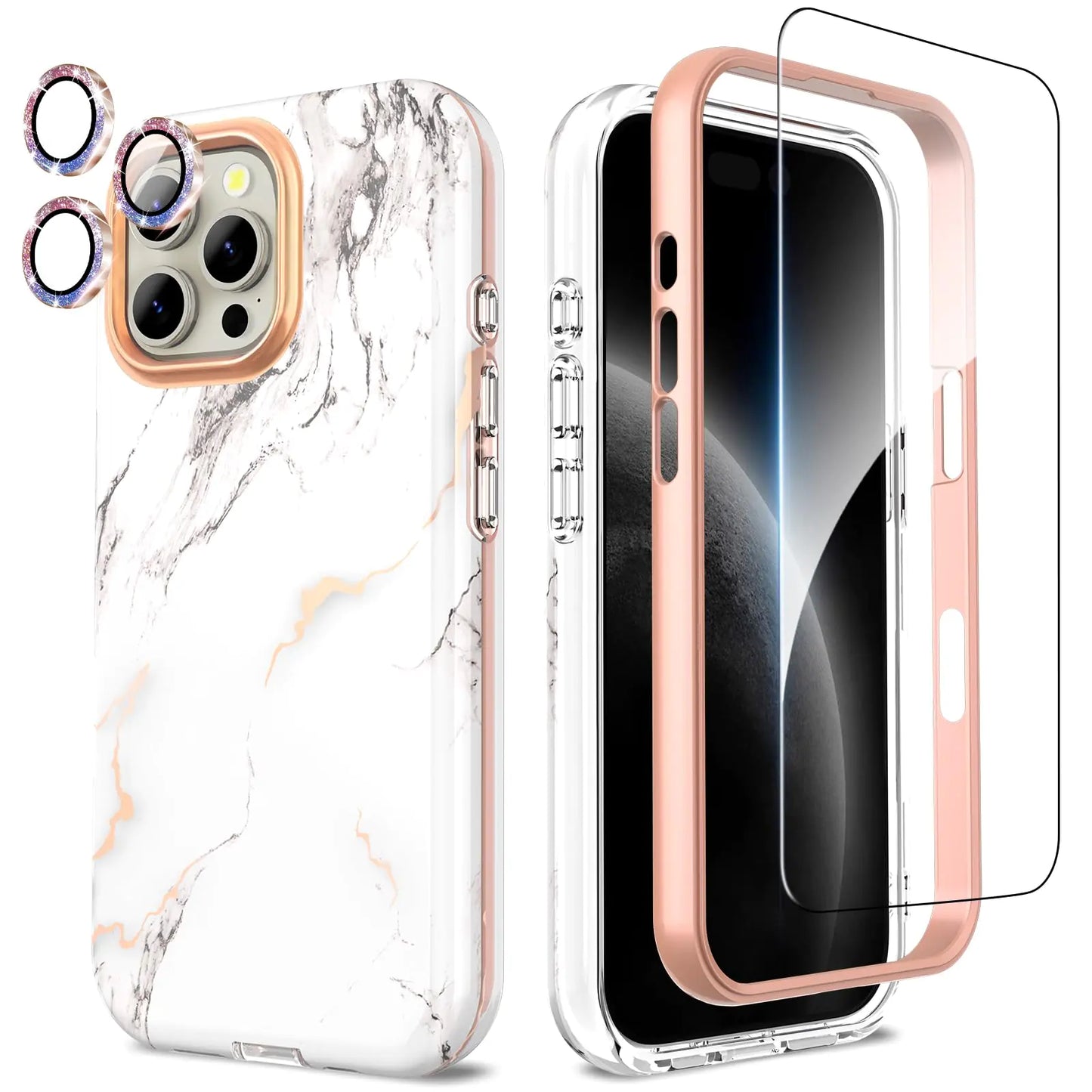 A white and purple marble patterned phone case for iPhone 16 Pro Max, including a camera lens protector and a screen protector.