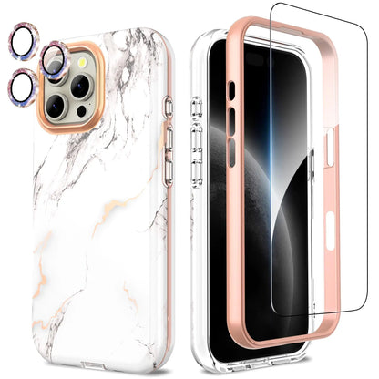 A white and purple marble patterned phone case for iPhone 16 Pro Max, including a camera lens protector and a screen protector.