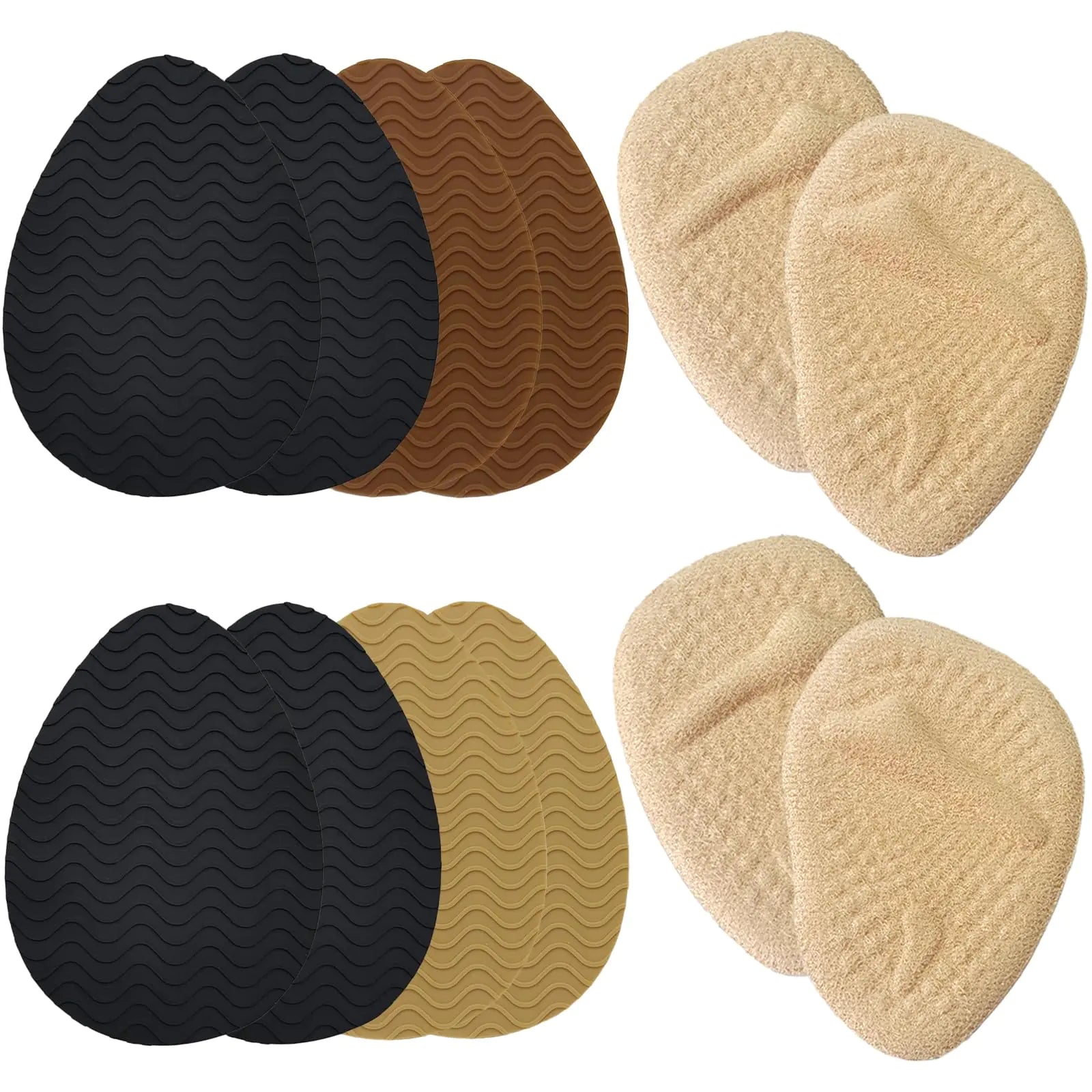 A set of adhesive anti-slip shoe grips and metatarsal cushions in black, brown, and beige colors.