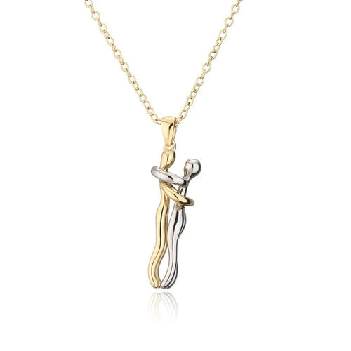 A pendant necklace with a stylized hug pendant symbolizing the connection between two loved ones.