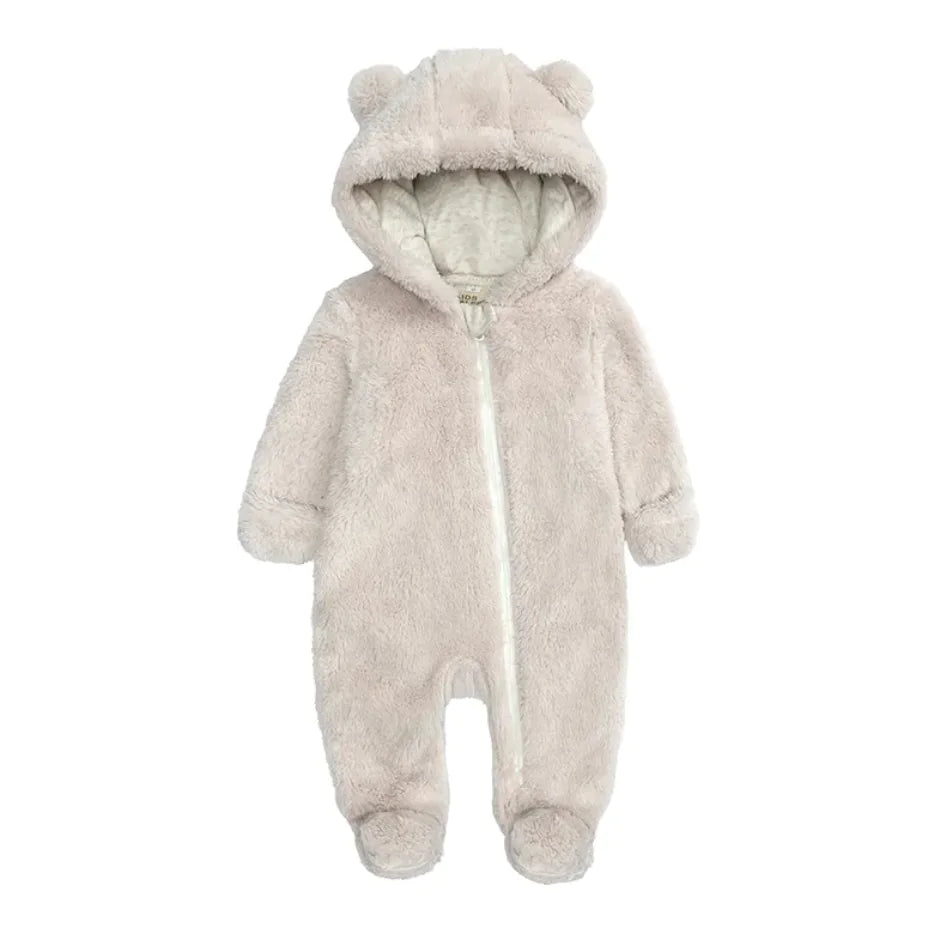 A green one-piece baby romper with a hood featuring bear-like ears, made from flannel fabric.