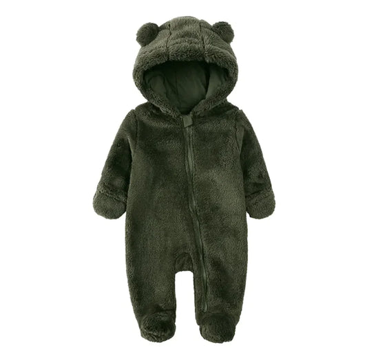 A green one-piece baby romper with a hood featuring bear-like ears, made from flannel fabric.