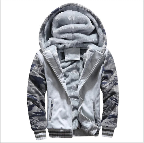 A gray custom winter sweater coat with a hood, featuring a full zipper and a camouflage pattern.