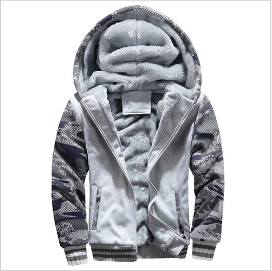 A gray custom winter sweater coat with a hood, featuring a full zipper and a camouflage pattern.